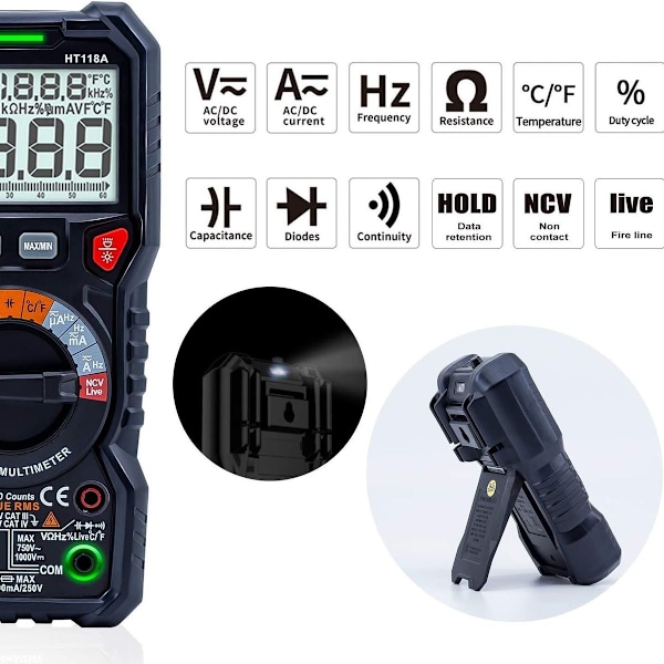 TRMS 6000 punkts automatisk digitalt multimeter (LED-tilkoblingsguide), profesjonell