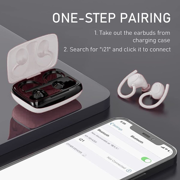 Bluetooth 5.1 hovedtelefoner sport, hovedtelefoner trådløse in-ear hvide