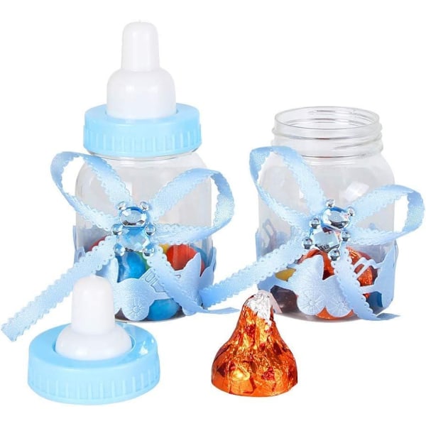 24 Bonbonniere-flaske med dåpsgodteri, Baby Girl Baby Shower Deco og fødselsdekorasjon. Blå babyflaske (4cm*4cm*9cm)-