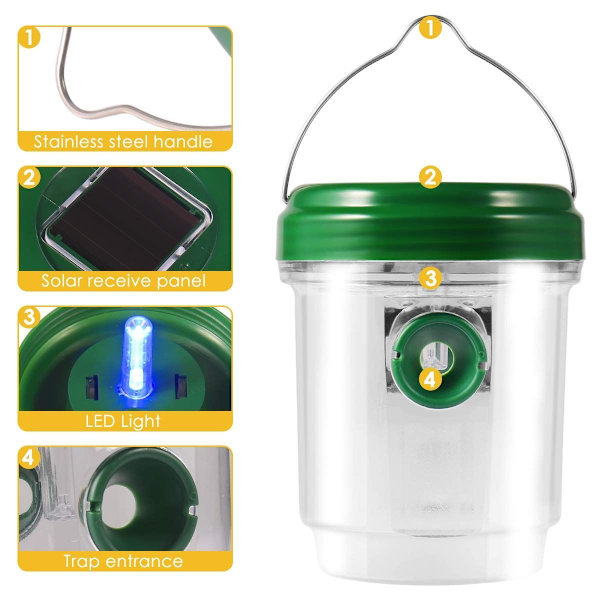 Getingfälla, solcellsdriven flugfälla med ultraviolett LED-ljus, vattentät KLB