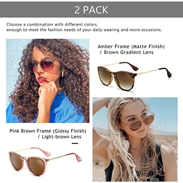 2-pack vintage runda solglasögon för kvinnor med tegradient sköldpaddsbåge och tygväska för kvinnor
