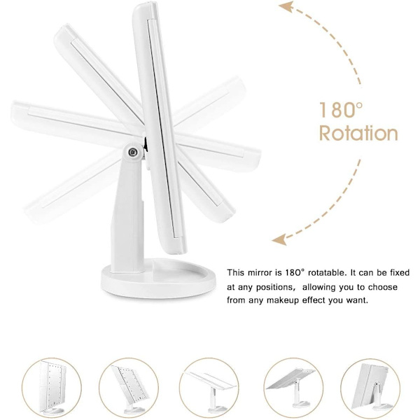 Forfengelighetsspeil, bordplate speil 3-sidig forfengelighetsspeil med 21 LED Foldable Dimmable 180 graders justerbar rotasjon 1X 2X 3X