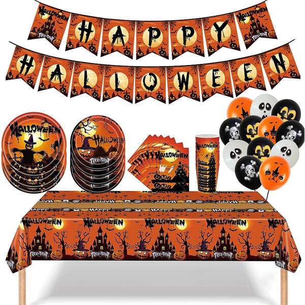 Halloween Bestikksett, Bestikksett for 24, Halloween Festutstyr Inkludert Papirtallerkener, Servietter og Kopper, Banner, Ballonger, Duker, Skjeer