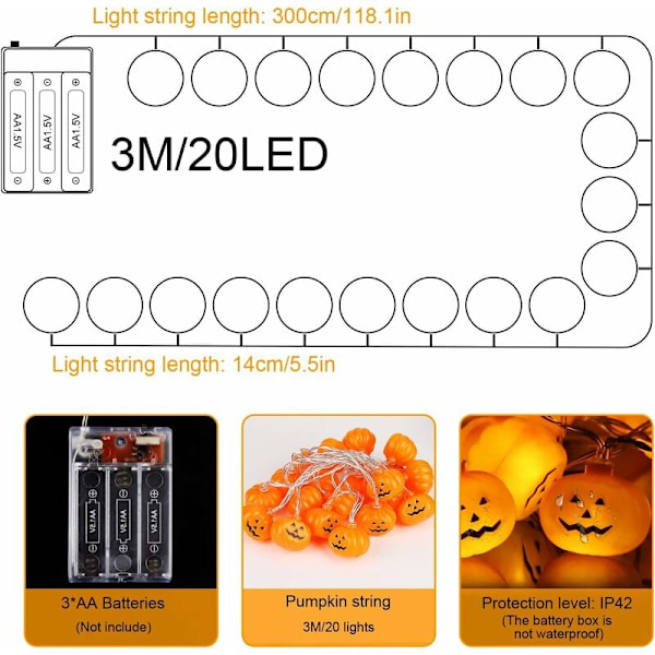 Halloween LED Gresskar Lyslenke, 3M 20LED Halloween Dekor Gresskar Lyslenke, Dekorasjoner Lyslenke, for DIY Halloween Fest/Jul KLB