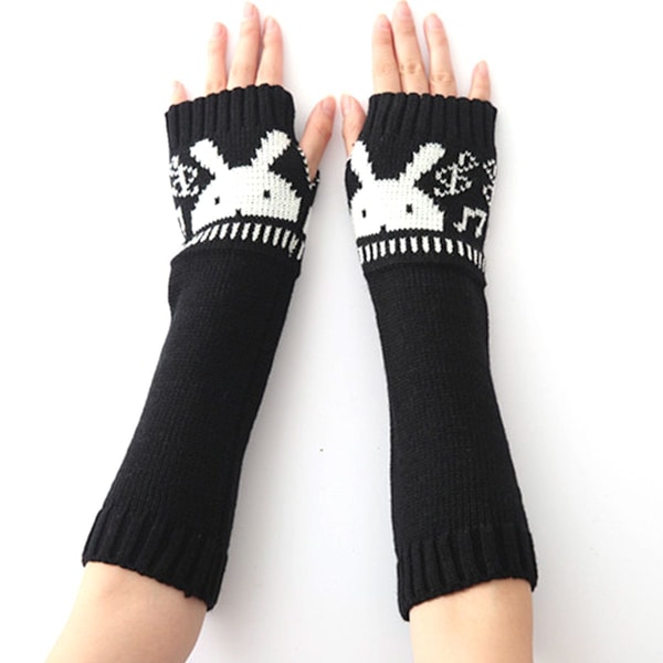 Dame Vinter Fingerless Handsker Strik Arm Varmer Tommelfingerhul Miter med Ka Sort KLB