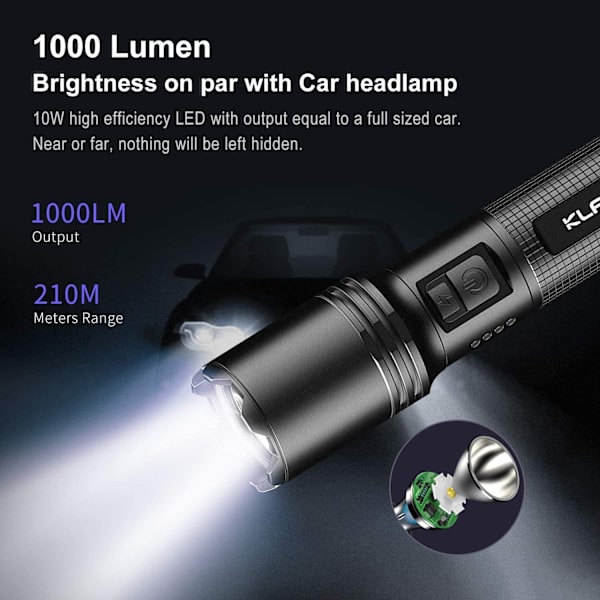 Taktisk genopladelig militær lommelygte EP10 V2 1000 lumen LED USB C lommelygte - 3 tilstande Vandtæt IPX6 - Til camping, udendørs, nødsituationer