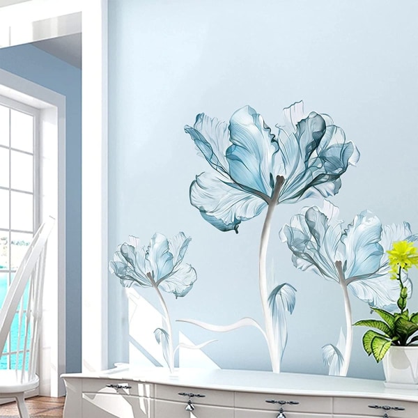 Blå Drömblomma Väggklistermärken DIY Avtagbar Stor Vit Ljusblå Blomma Lotus KLB