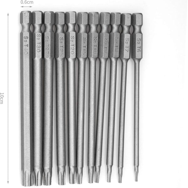 11-delt ekstra lang (100 mm) Torx skruetrækkerbitssæt - T6-T40 KLB