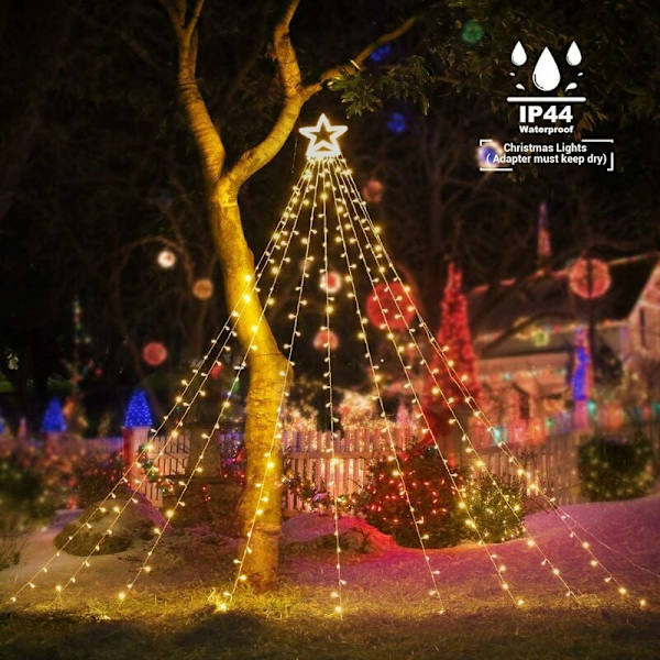 350 LED julelyslenke med stjerne, 9×3,5m varmt hvitt lys gran gardin, 8 lysmoduser, utendørs og innendørs juledekorasjon KLB