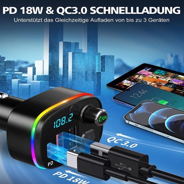 Bluetooth-adapter til bil, PD 18W & QC3.0 FM-sender til bil Bluetooth 5.0, 9 RGB