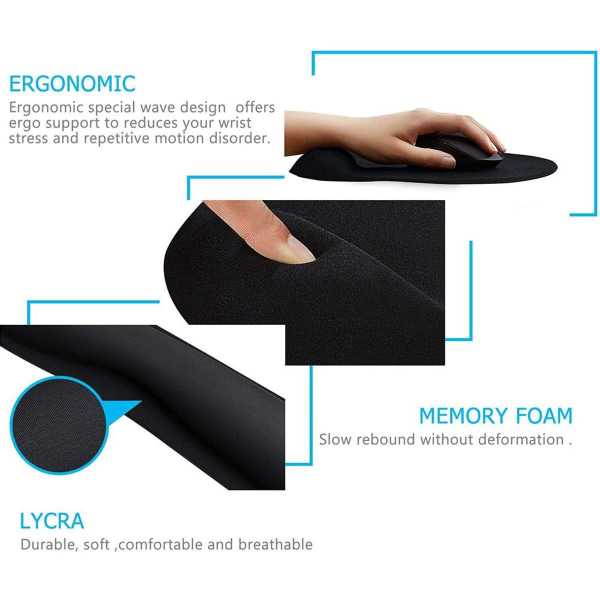 Musemåtte Memory Foam Håndledsstøtte Ergonomisk Skridsikker Mus Sort