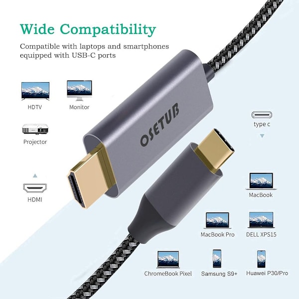 USB C till HDMI-kabel 4K, 10ft USB Typ C till HDMI-kabeladapter KLB