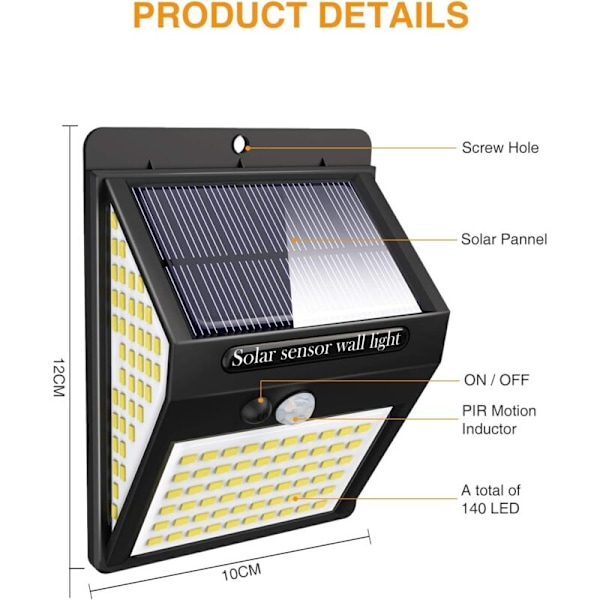 140 LED utomhus solcellslampa 3 belysningslägen, utomhus solcellslampa rörelsesensor, 2-pack KLB