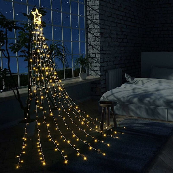 350 LED julelyslenke med stjerne, 9×3,5m varmt hvitt lys gran gardin, 8 lysmoduser, utendørs og innendørs juledekorasjon KLB