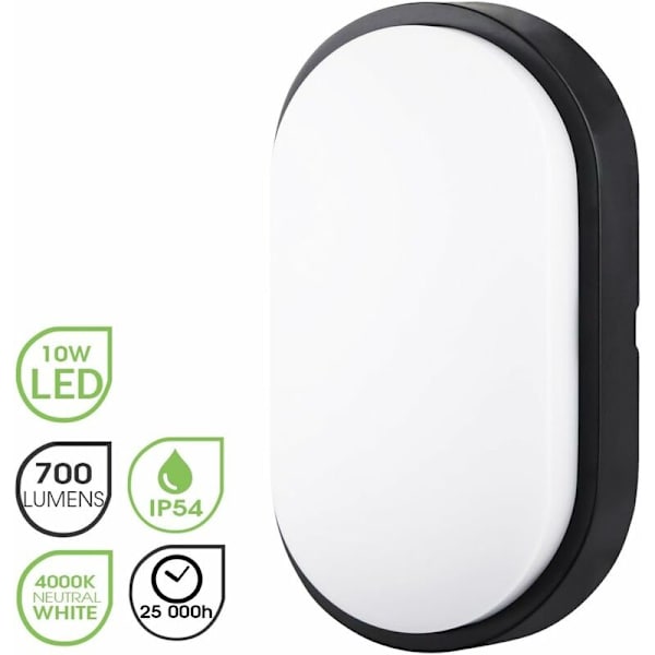 Elliptisk LED-vägglampa Taklampa Vägglampa Belysningsarmatur, 20W 4000K 700LM IP54, För inomhus och utomhus - Svart KLB