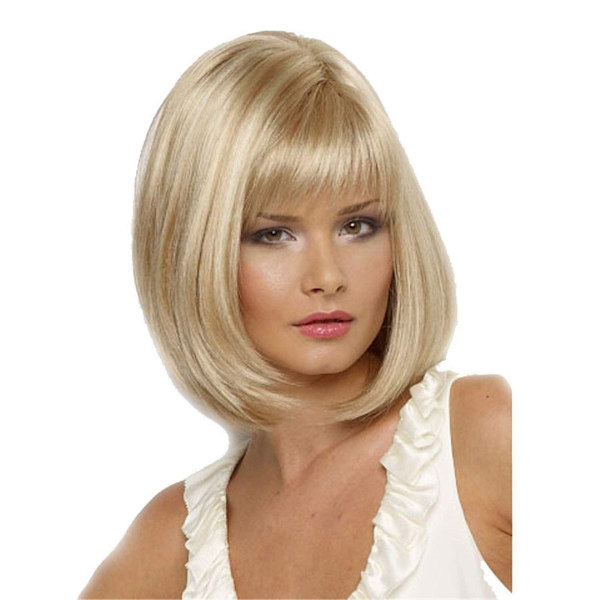 Blond kort kvinne parykk, naturlig, fullstendig syntetisk, rett hår