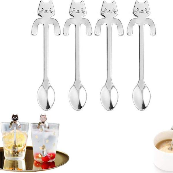 Mini kaffeskeer i rustfrit stål, kat, 4 stk., til te, suppe,