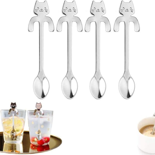 Minikaffeskedar i rostfritt stål, katt, 4 st, för te, soppa,