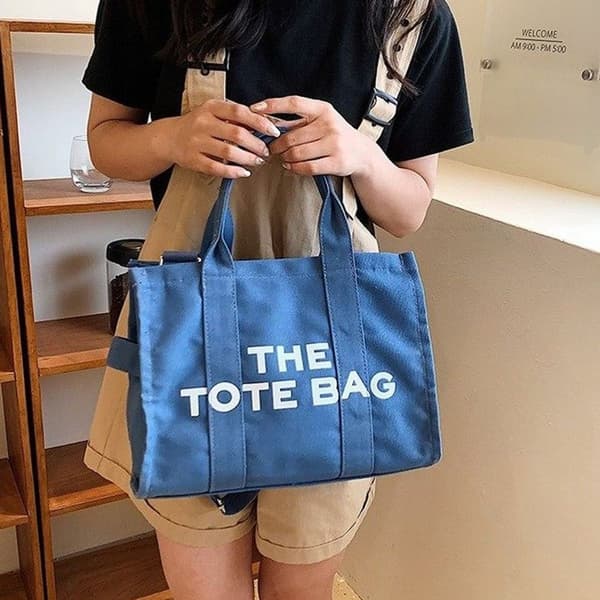 Ny stor kapacitet canvas brevtryck handväska, blå ränder