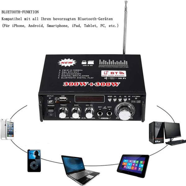 Bluetooth 5.0 Stereo Audio 12V 220V 600W 2-kanavainen LCD-näyttö Hi-Fi