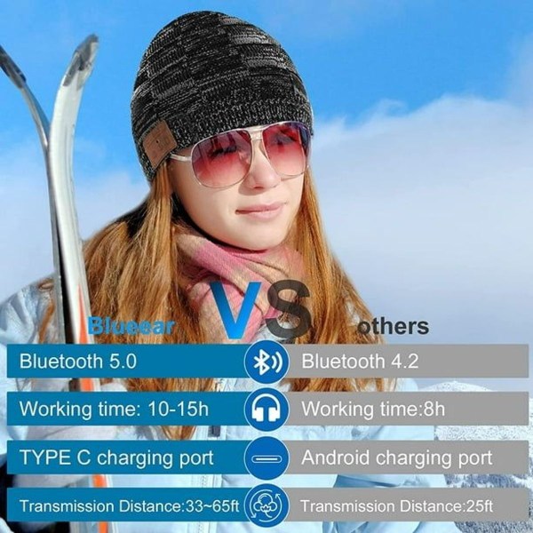 Bluetooth-mössa, musikvintermössa för män och kvinnor med mikrofon, upp till 15 timmars speltid, perfekt för utomhusaktiviteter som snowboardåkning, löpning, promenader, cykling, fitness