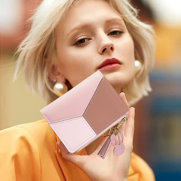Dam plånbok i PU-läder, litet och kort format, dam blixtlås, rosa