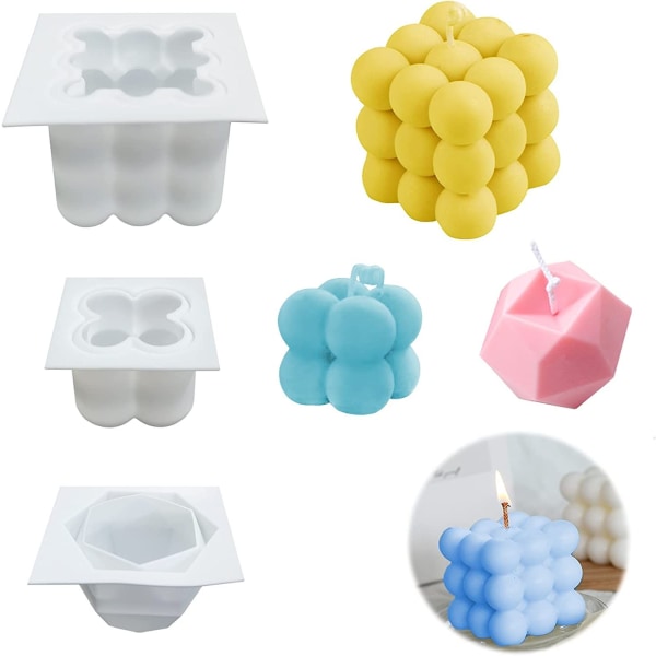 3 kpl Silikonikynttilämuotteja, 3D Kupla Kuutio Vahakynttilän Valmistusmuotti (Suuri ja Pieni) + Timantti Kuutio Kynttilämuotti DIY Käsintehtyyn Kynttilään