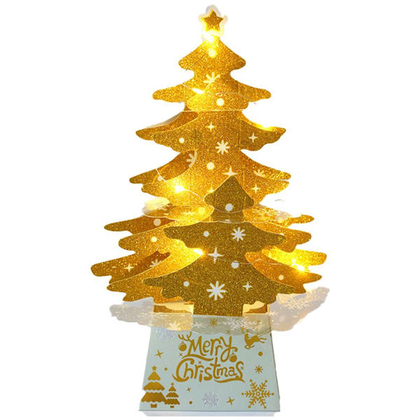 Julepynt, mini skrivebords julekort ornament, gyldent varmt lys KLB