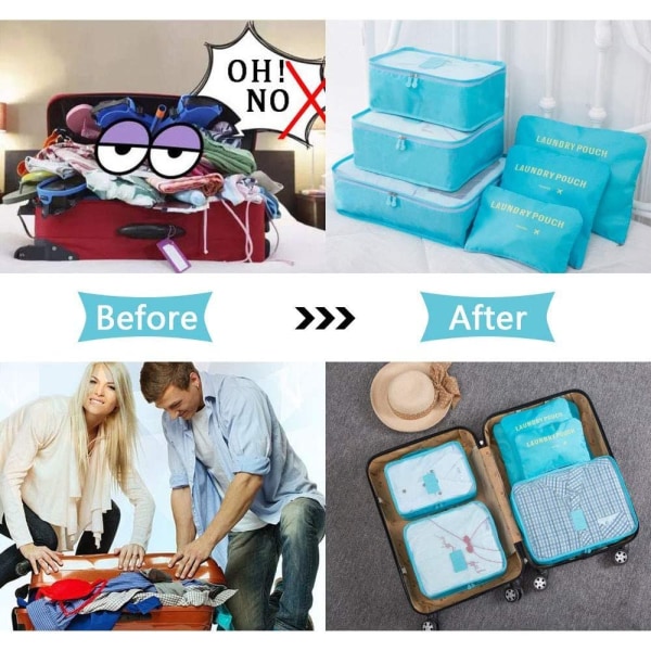 6-i-1 bagagesæt til rejser, forskellige størrelser af terninger Vandtætte rejsetasker Opbevaring, nylon kufferterarrangører 3 terninger + 3 rejsetasker
