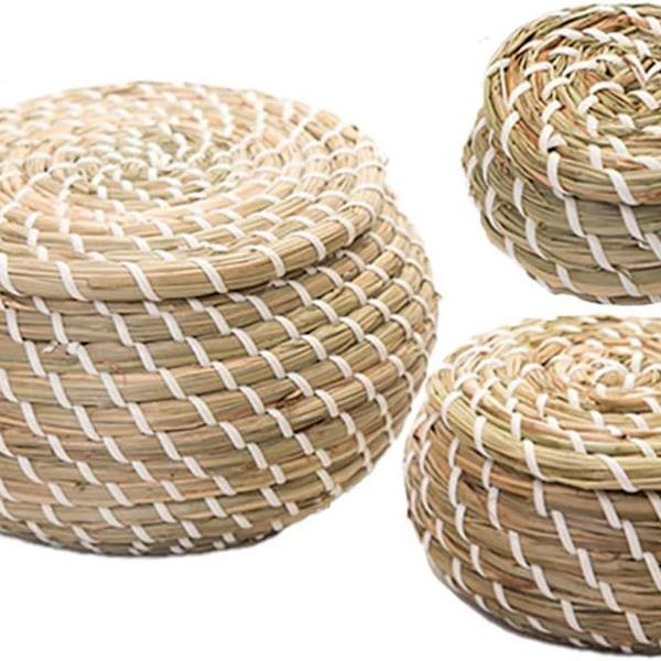 3 kappaleen pakkaus punottuja meriruohokorit Wicker Rattan -säilytyskorit Pyöreä laatikko KLB