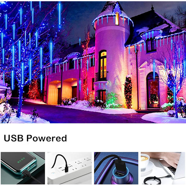 Meteor Shower Ljus LED Fe-ljus 8 Rör 30cm Meteor Regn Ljus för Jul Dekoration Utomhus Trädgård och Fest Vattentät IP65 USB(USB Blå)