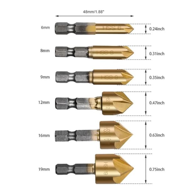 Sett med 6 countersink sekskantede bor for metall, tre KLB