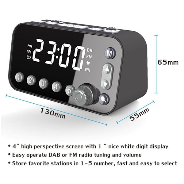 DAB-A1 stor skärm DAB & FM väckarklockradio med dubbla USB