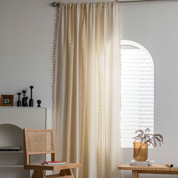 Bistro gardin, boho kort gardin, beige med kvaster, panelgardiner, KLB