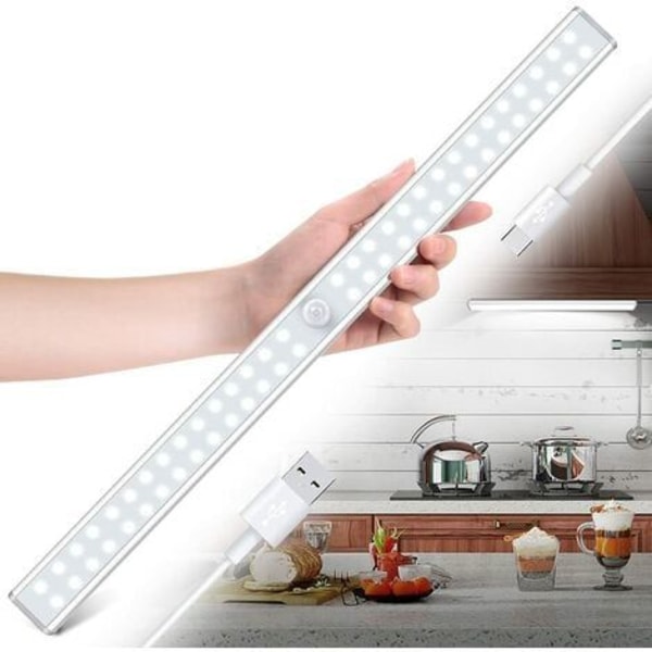 60LED skaplys, bevegelsessensorlys, USB-oppladbar, trådløs, egnet for skap, kjøkken, ganger, garasje, lommelykt