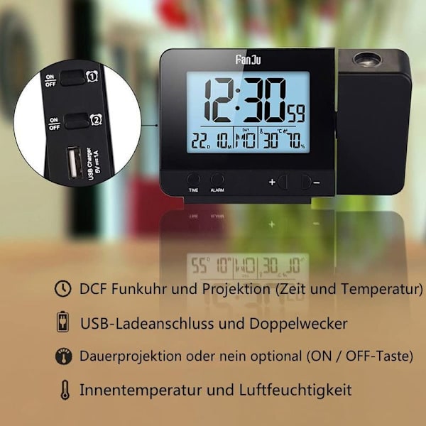 infactory radioprojektionsväckarklocka: projektionsradioväckarklocka, termo/hygrometer, 2