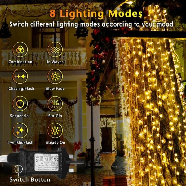 100M 600 LED-lysslynge, 8 lysmoduser, karnevalsbryllup utendørs innendørs hagebelysning, pluggbar lyslist (varm hvit) KLB
