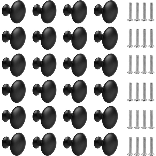 24 delar mattsvart lådknopp, runda skåpsknoppar Möbelknopp med skruvar för skåp Köksbord vid sängkanten (30 mm)