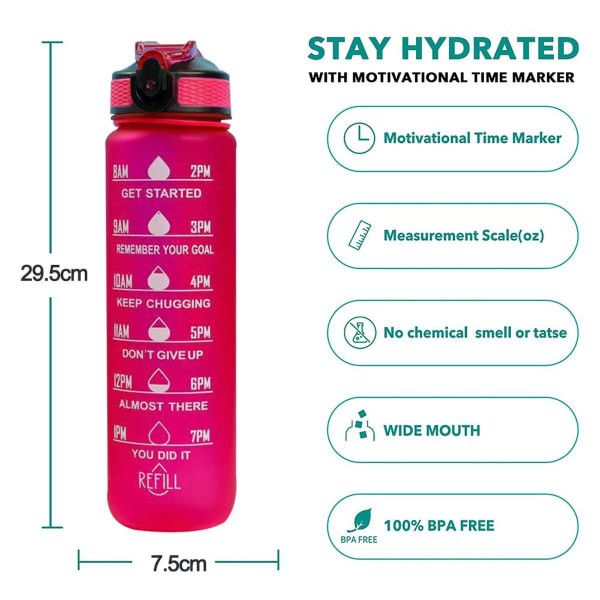 1000 ml motiverende vandflaske, pink KLB