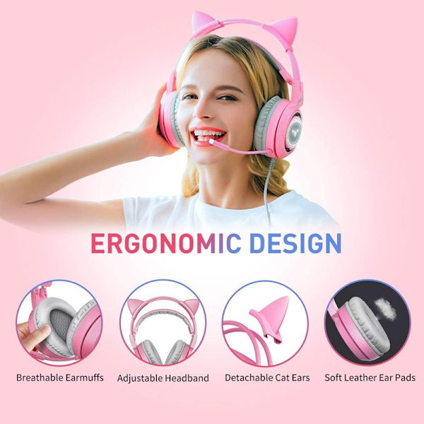 Rosa gaming headset for PC, PS4, bærbar PC: 7.1 virtuell surround