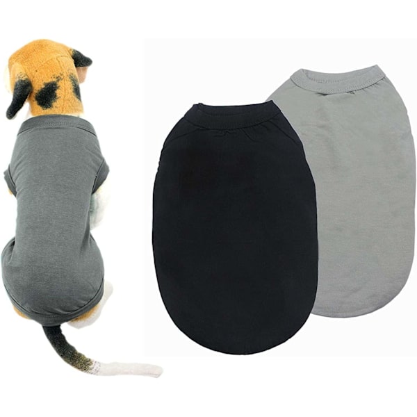 Bomulds T-shirt til hunde i ensfarvet design - blød og åndbar bomuldsskjorte velegnet til katte og hvalpe (2 stk.) (medium, sort + grå)