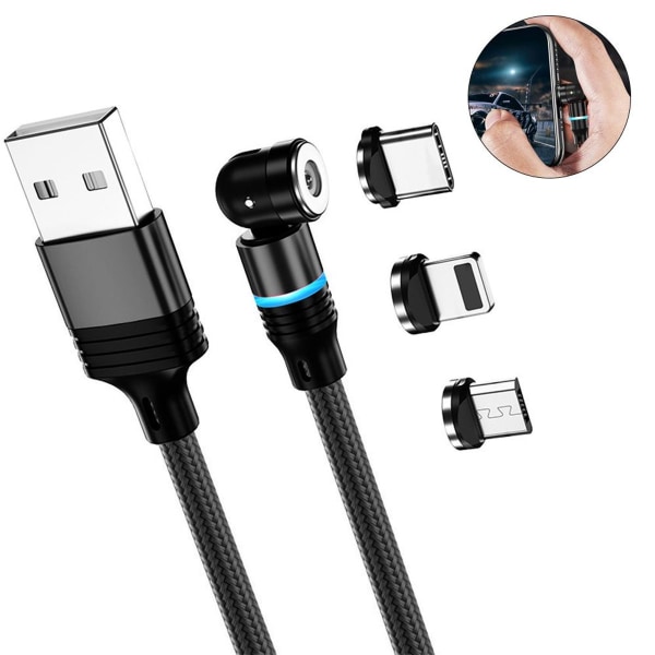 Pakke med 3 magnetiske USB-ladekabler - robust, flettet nylon i svart