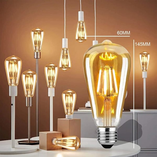 Vintage Edison LED-pære, E27 Edison-skruepære 4W 2200K Retro Antique Style LED-pærer, Ravfarvet glas Edison-skruepære, Øjenbeskyttelse, 2 stk. KLB