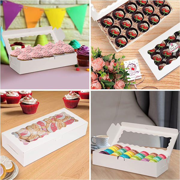 Vita Kraftpapperslådor med fönster (Set om 5) - 10*6*2 tum - Baklådor för kakor, cupcakes, bakverk, pajer och presenter