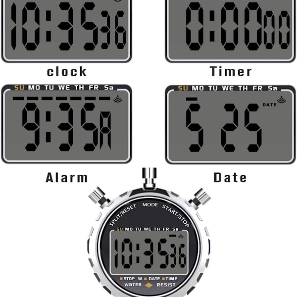 Digital stopur, håndholdt LCD-skærm, vandtæt daglig alarm, 1/100 KLB