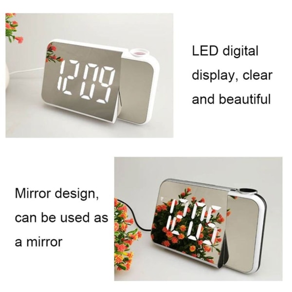 8590 LED-spegelprojektionsautomatisk halvlysande elektronisk väckarklocka (vitt skal + w