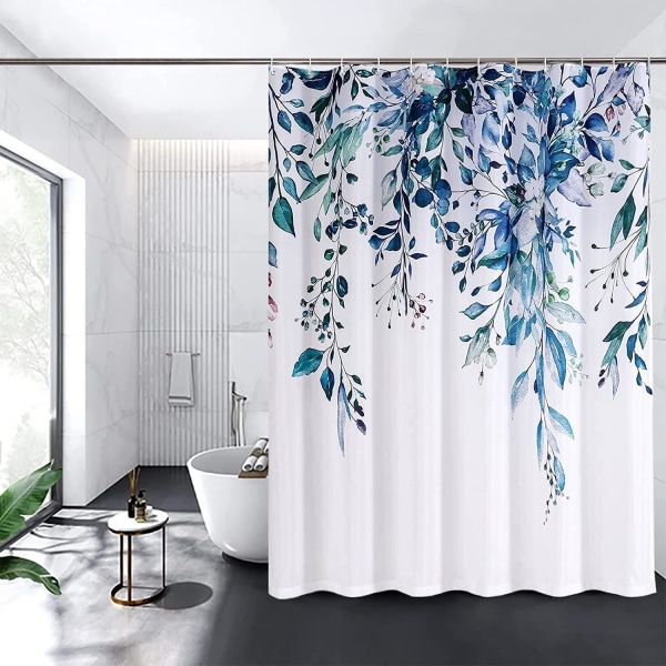 Blomster bruseforhæng med 12 kroge (blå), vandtæt polysilicium bruseforhæng, maskinvaskbar, hurtig tørring, 180x180cm p-