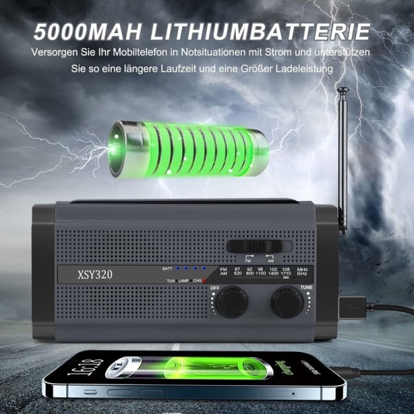 Milfech Solar Radio, AM/FM Crank Radio, Bærbar Nødradio med 5000 mAh