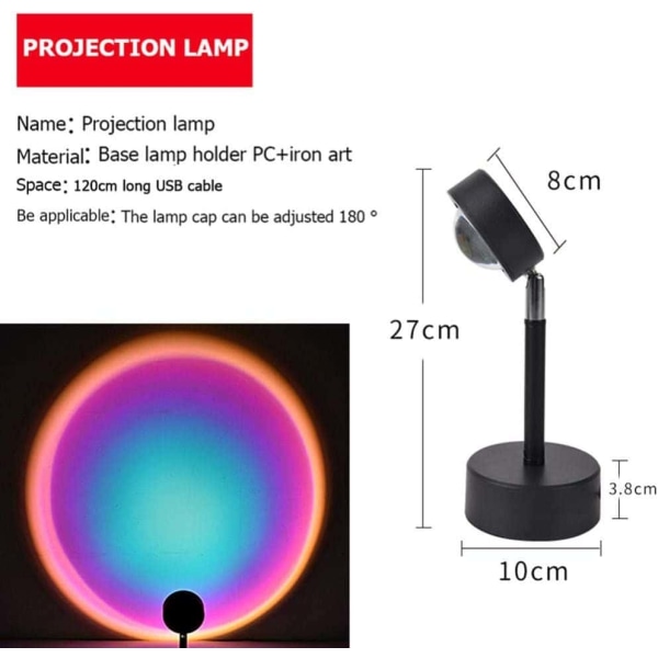 LED-auringonlaskun projektiovalo, 180 asteen pyörivä sateenkaaren auringonlaskun lamppu, USB-romanttinen tunnelmavalo makuuhuoneeseen, olohuoneeseen, juhliin A)