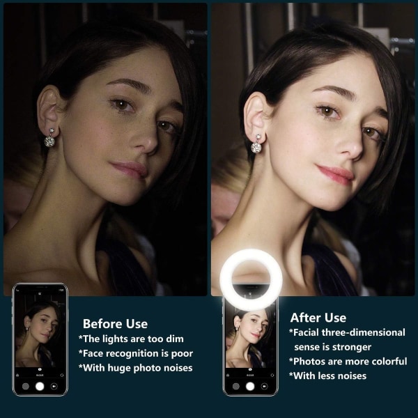 Selfie lys mobiltelefon, 20 LED ring lys, fjernkontroll, USB oppladbar KLB